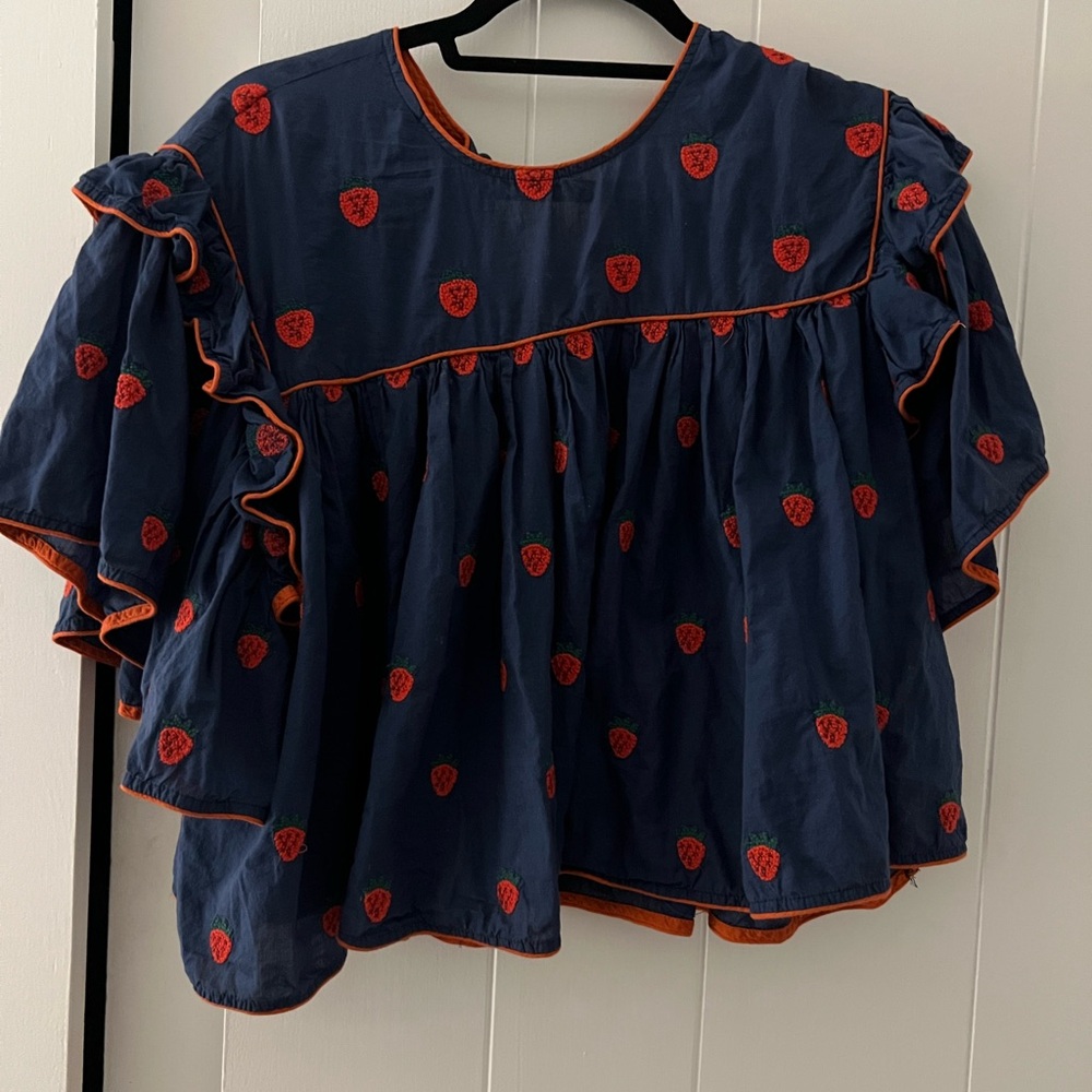 Navy Blue Top with Red Strawberry Embroidery